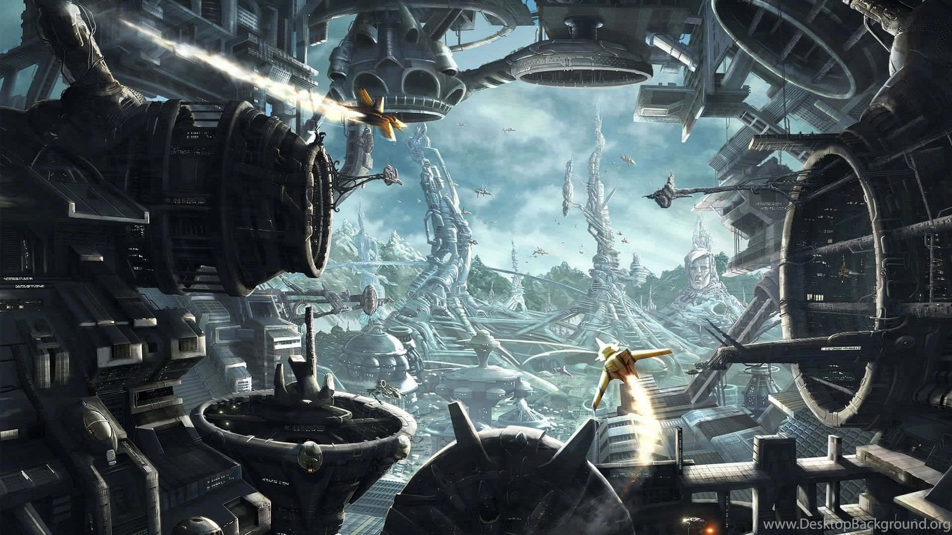 Cartoon Sci-fi 桌布 壁紙 — 未來城市景觀，雲層密布的天空下聳立著金屬結構和飛行車輛。