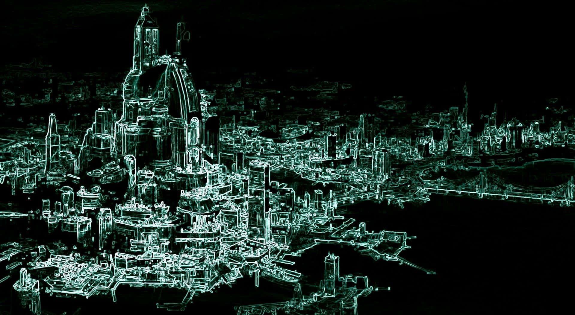 Cartoon Sci-fi 桌布 壁紙 — 未來城市景觀以發光的青綠色線框在黑色虛空中渲染，展現複雜的建築細節。
