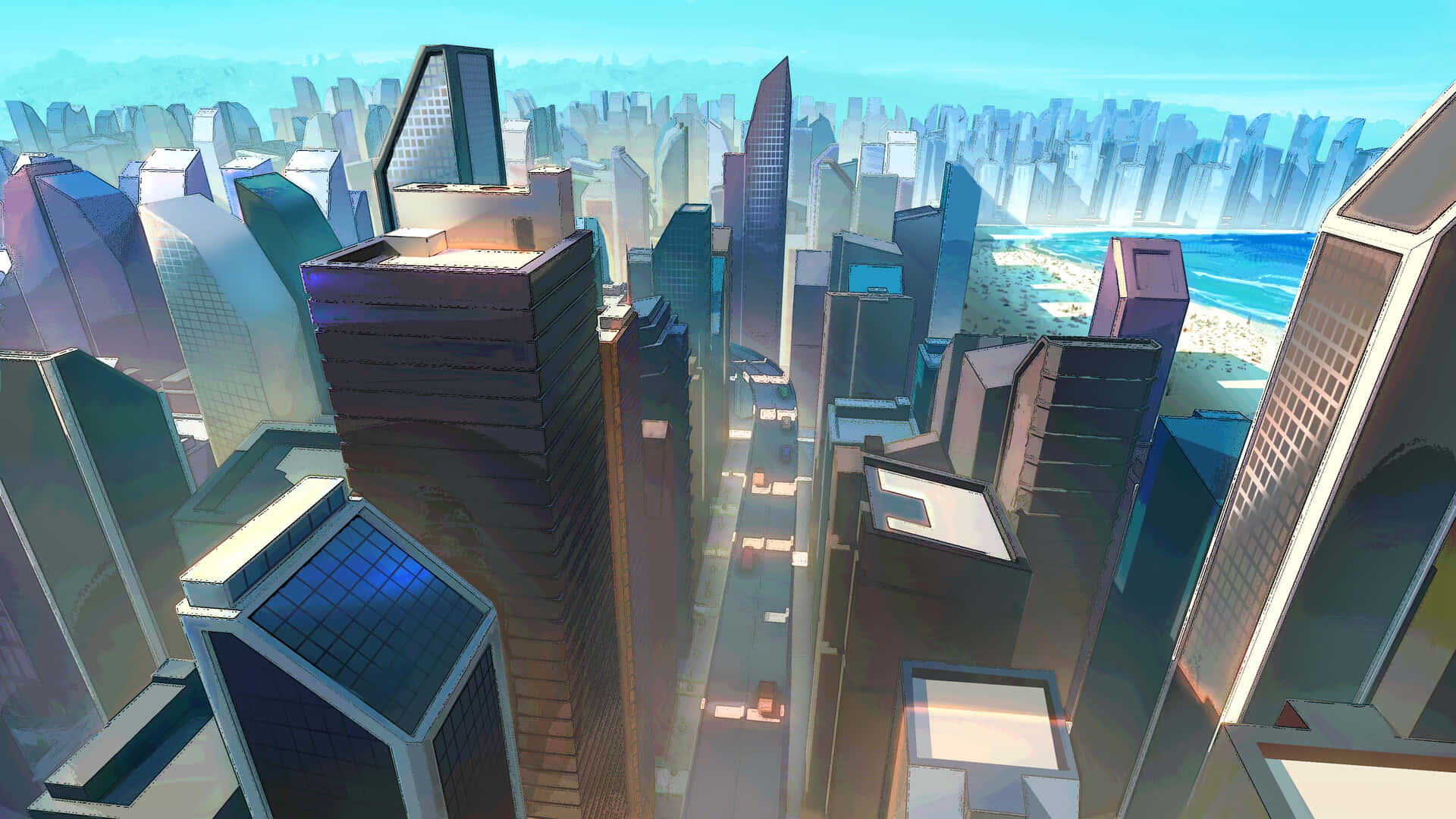 Promare 桌布 壁紙 — 未來城市景觀的鳥瞰圖，高聳的摩天大樓和遠處的海灘在晴朗的藍天下清晰可見。