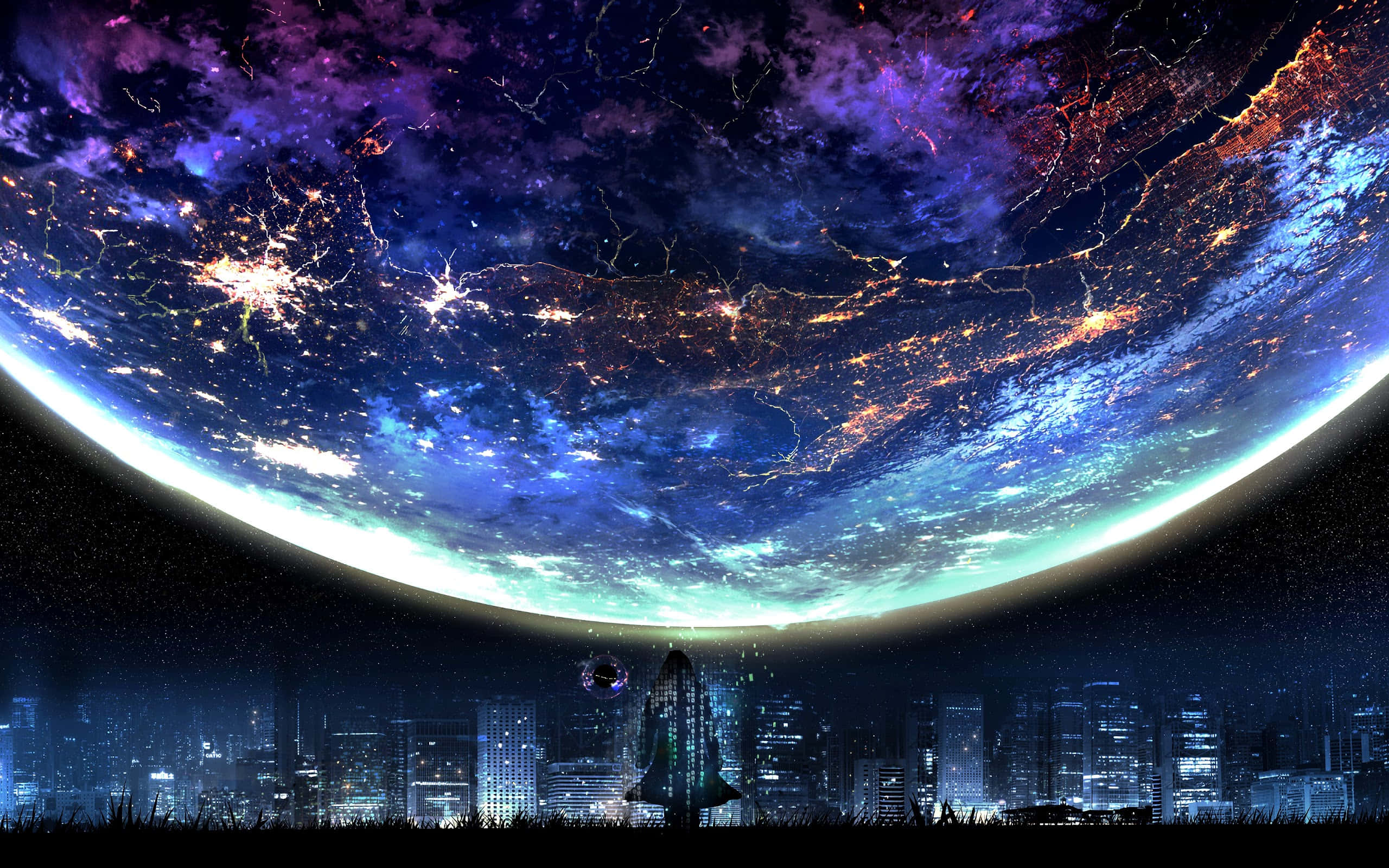 Manga Universe 桌布 壁紙 — 未來城市的天際線仰望一顆發光的行星，伴隨著充滿活力的宇宙極光和閃爍的城市燈光。