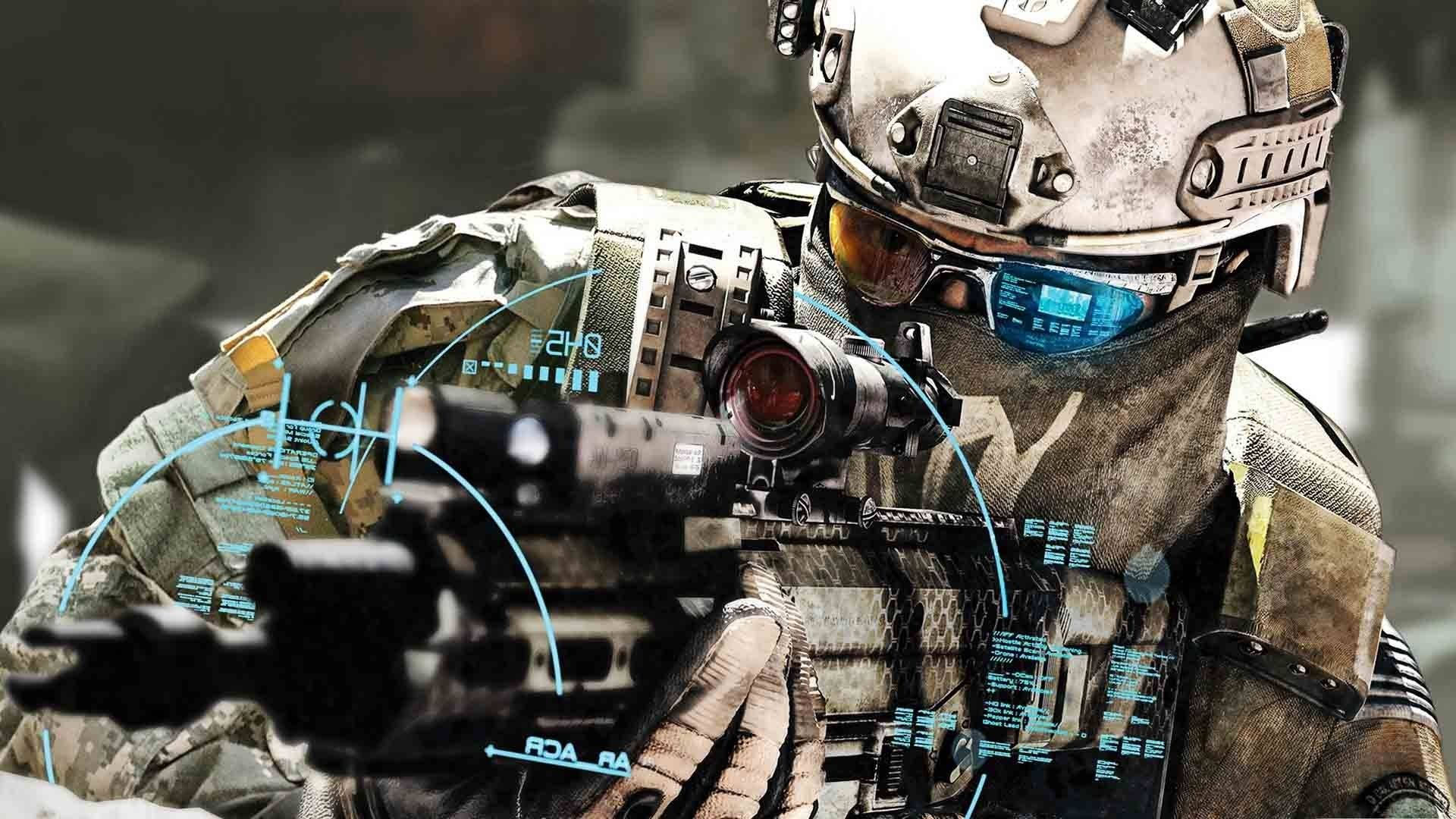 身穿戰鬥裝備的士兵用帶有數碼HUD疊加的步槍瞄準。