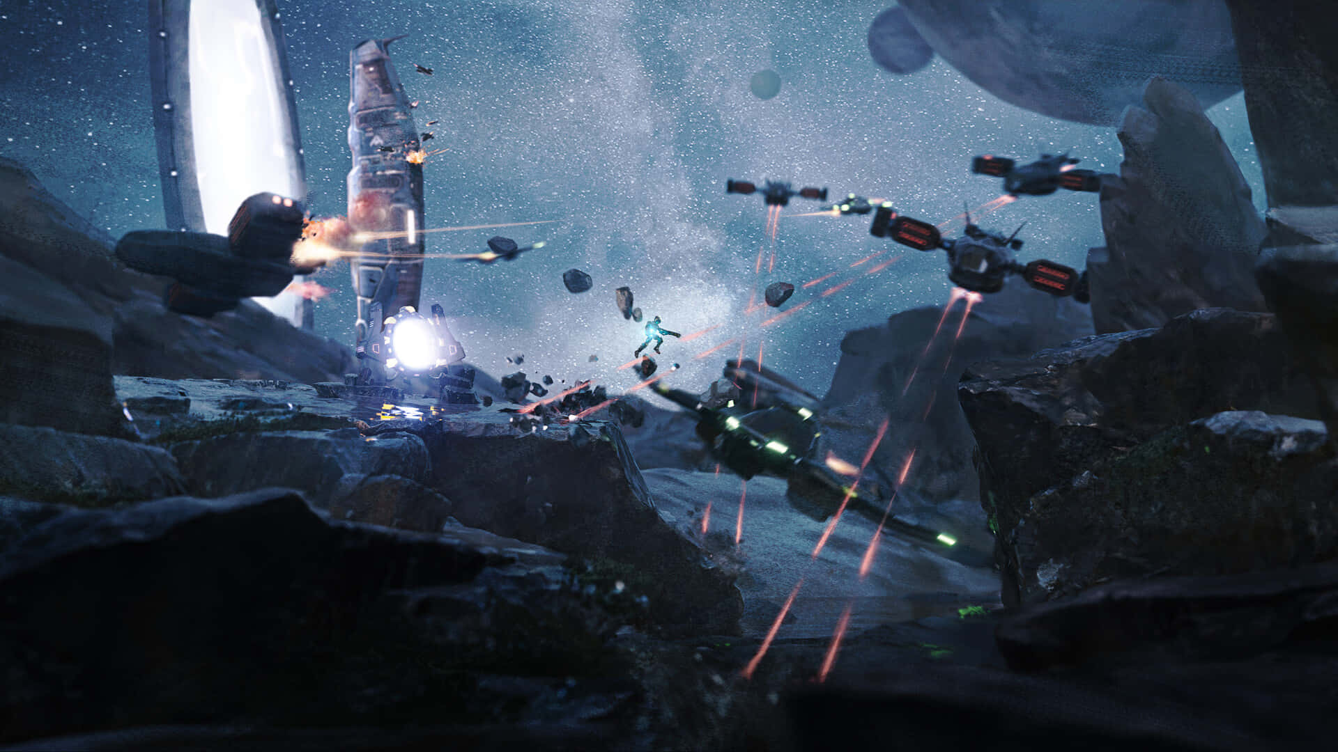 Kamino 桌布 壁紙 — 未來太空船在佈滿岩石的小行星之間戰鬥，背景是星光閃爍的宇宙天空，伴隨著發光的激光軌跡。
