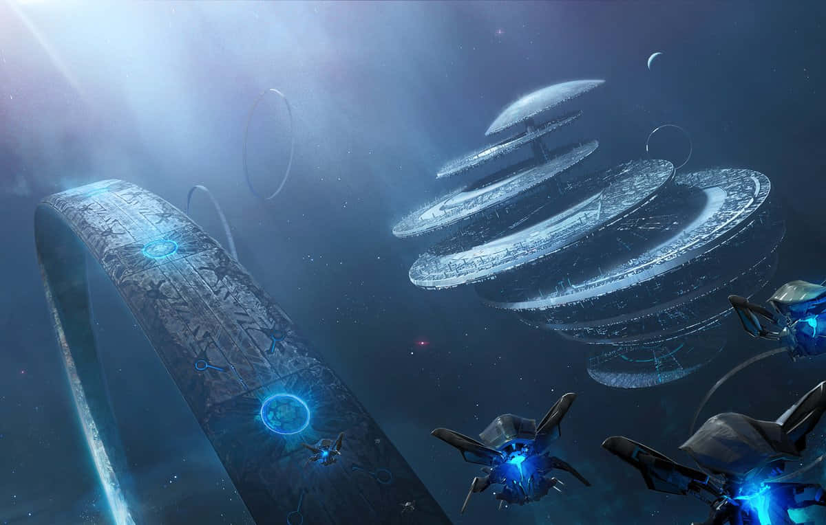 Halo Ark 桌布 壁紙 — 未來太空船在星際宇宙背景下，飛近散發藍色能量的巨大環形太空站。