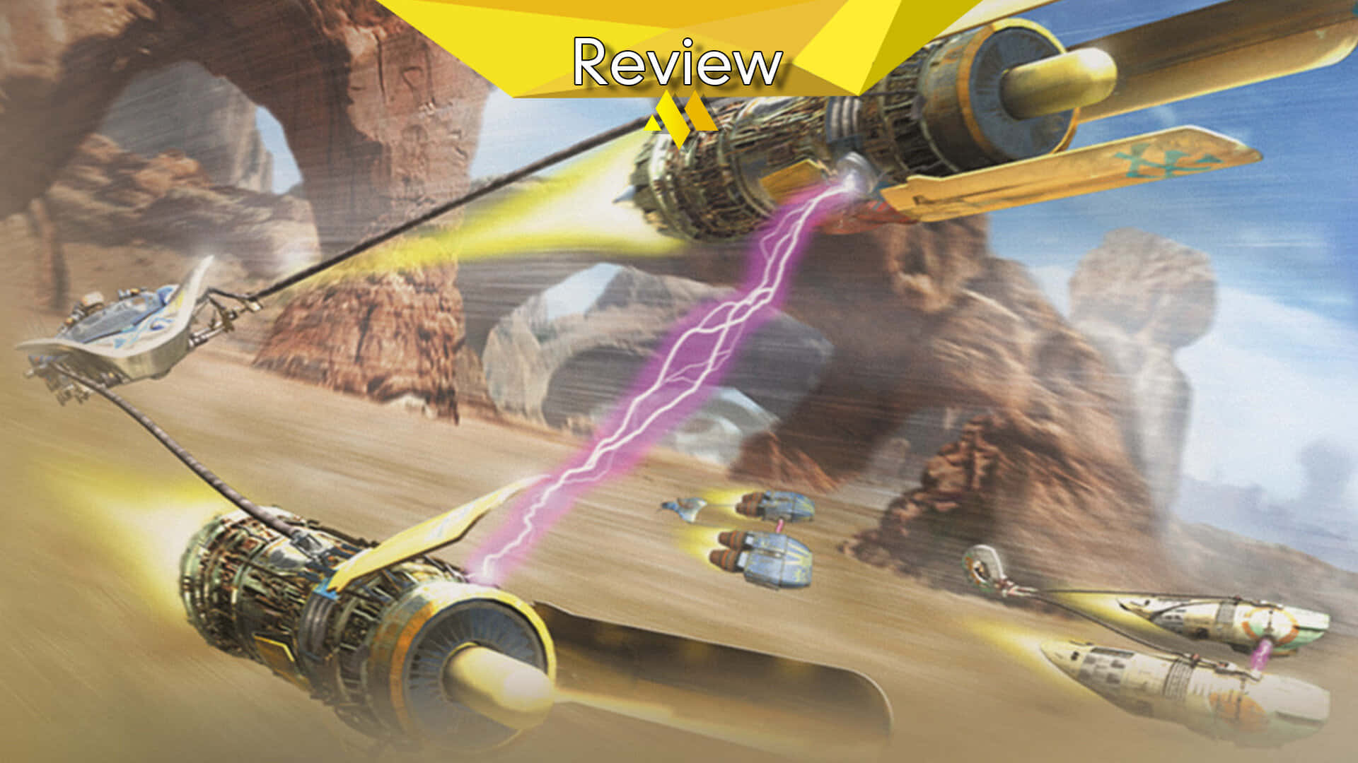 Podracing 桌布 壁紙 — 未來太空船在沙漠峽谷中高速穿梭，發射紫色閃電，進行高速空戰。