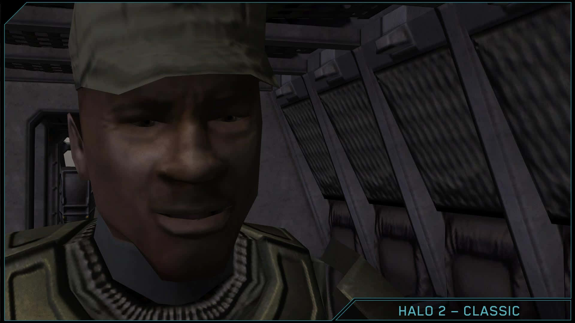 Sergeant Johnson 桌布 壁紙 — 未來太空船走廊內穿著軍服的士兵特寫。