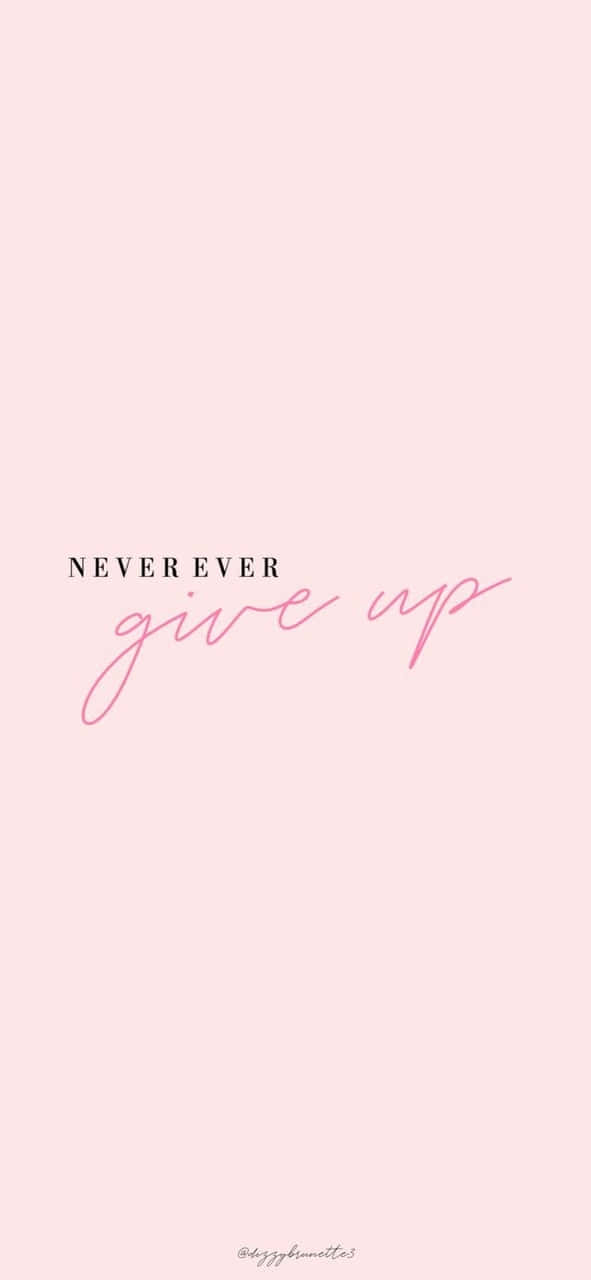 粉紅色背景，帶有黑色和粉紅色字體嘅短語 never ever give up。