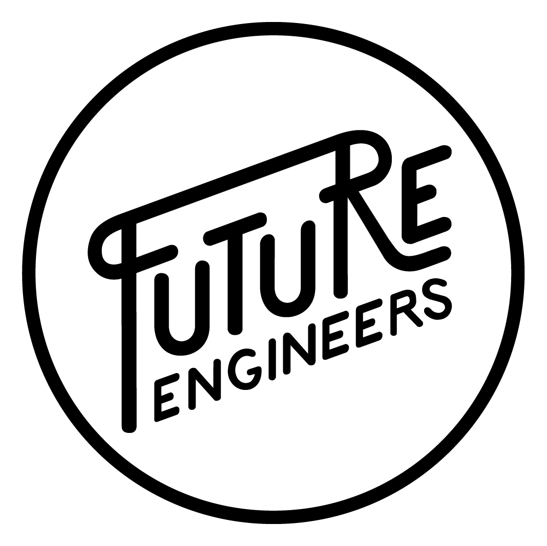 未來工程師標誌 壁紙 — 大膽的黑色圓形標誌，帶有風格化文字「FUTURE ENGINEERS」，背景為純白色。
