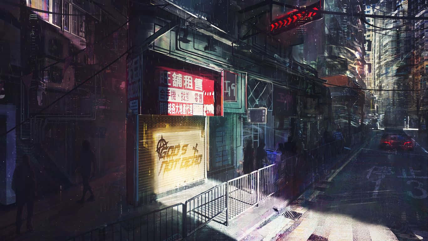 夜晚的未來城市小巷，有霓虹燈招牌和雨水倒影。