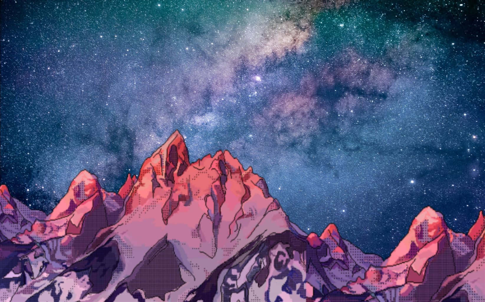 粉紅山脈在星空青綠和紫色銀河天空下