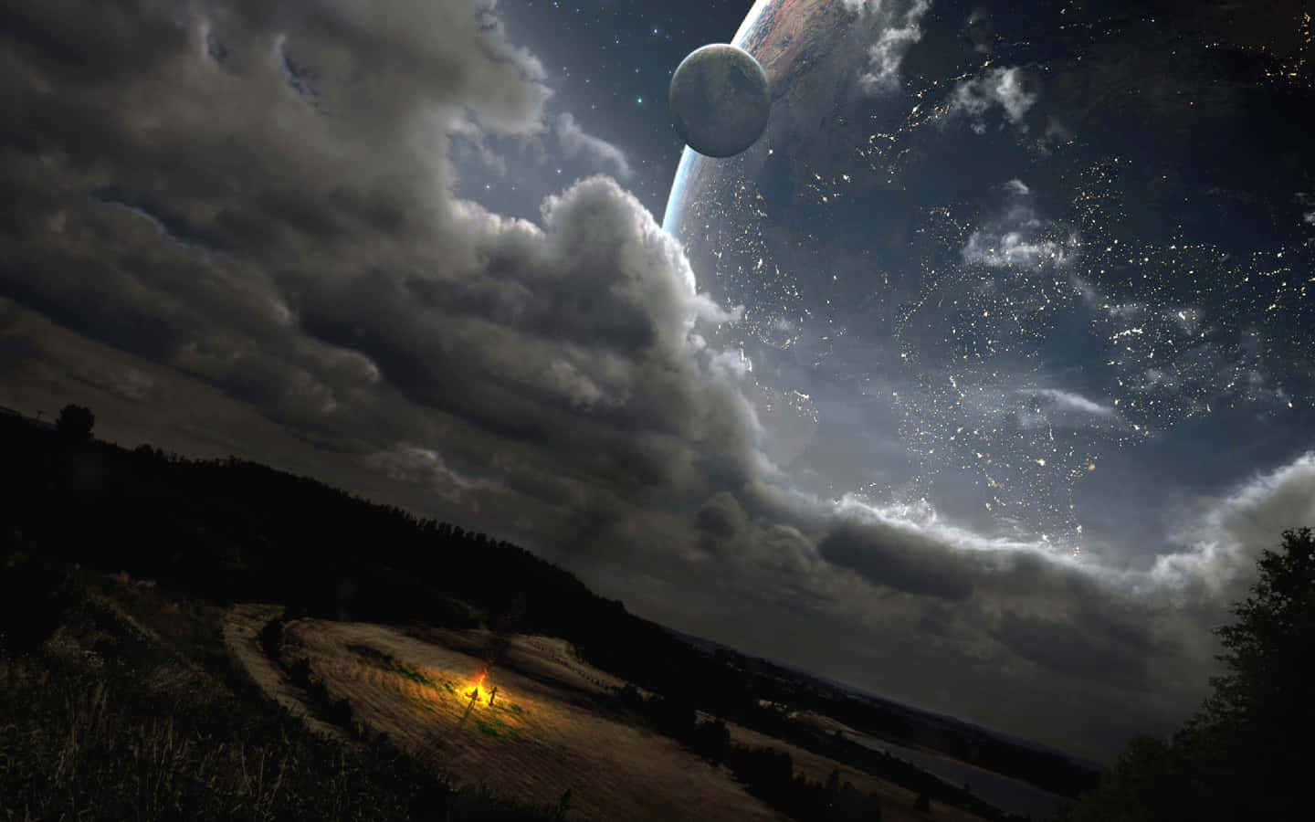營火在田野中燃燒，夜空中有行星和月亮。