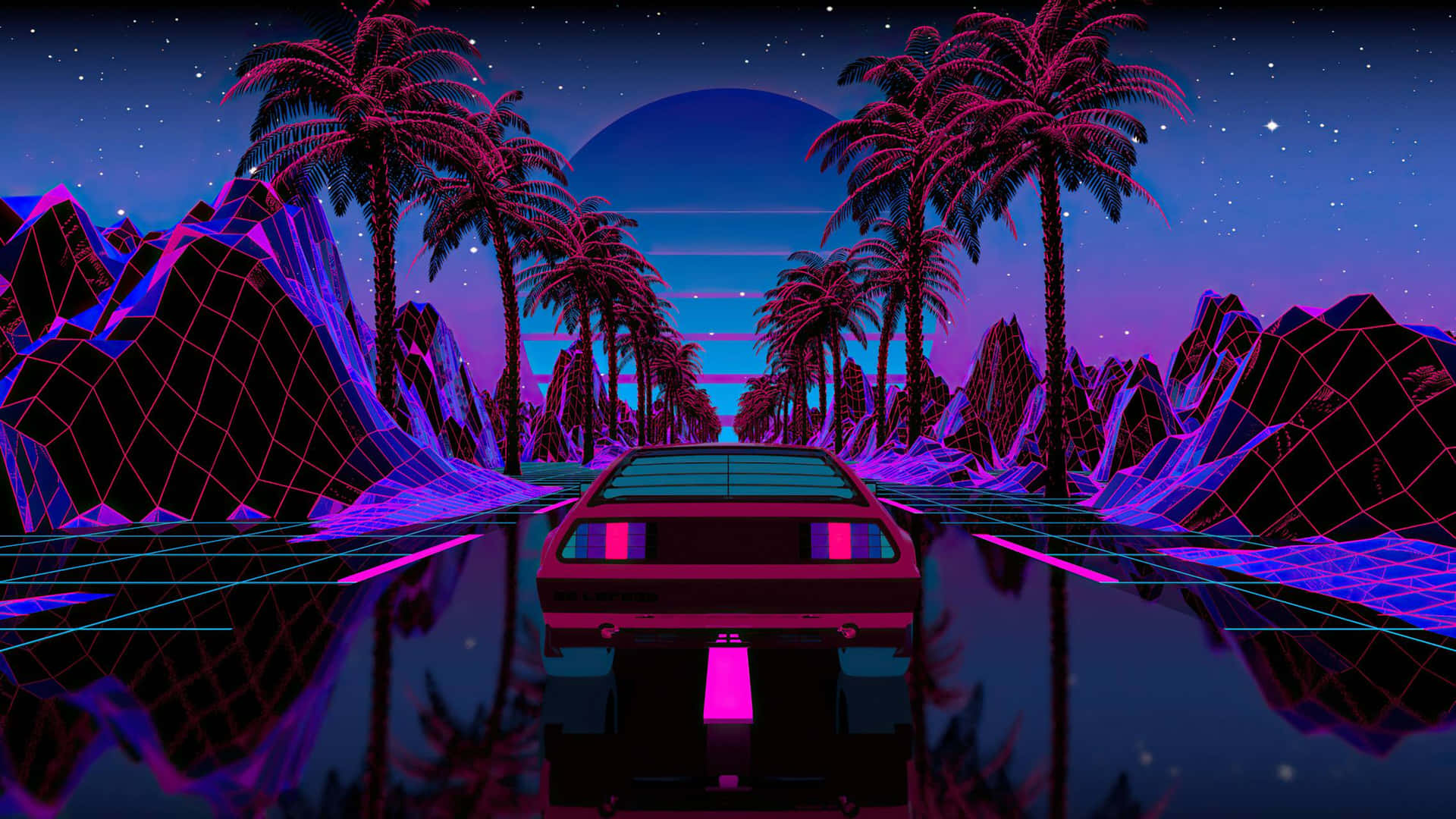 星空下霓虹路上的復古未來汽車，有棕櫚樹和山脈