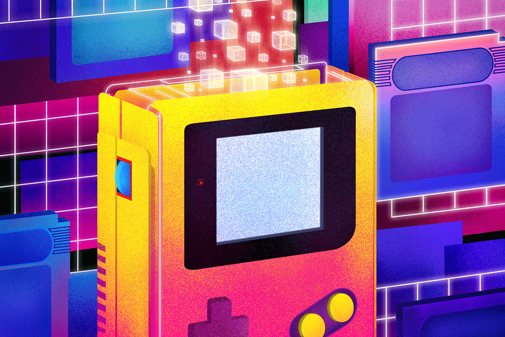 未來感 Game Boy Color 藝術 壁紙 — 一部復古黃色遊戲機在霓虹網格背景下發出發光立方體，呈現充滿活力的80年代數位藝術風格。