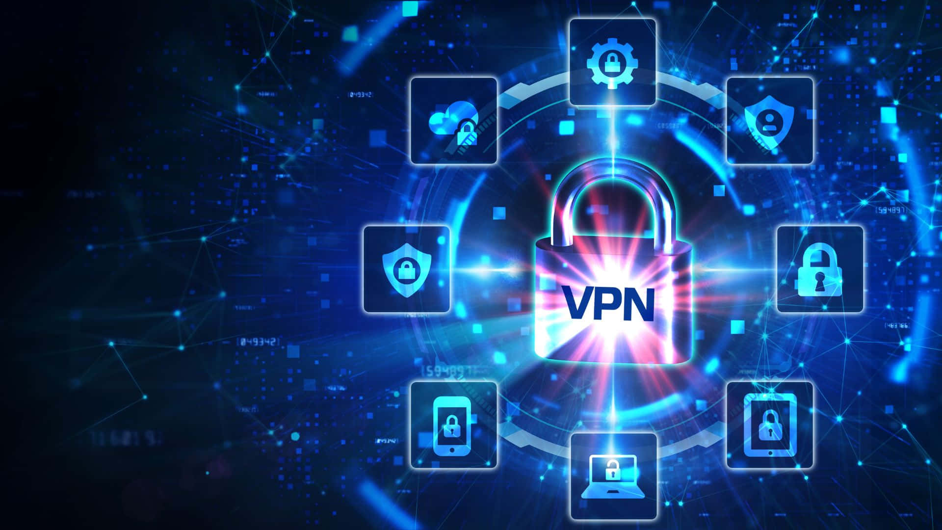 帶有發光圖示和網絡連接的數位VPN安全界面。