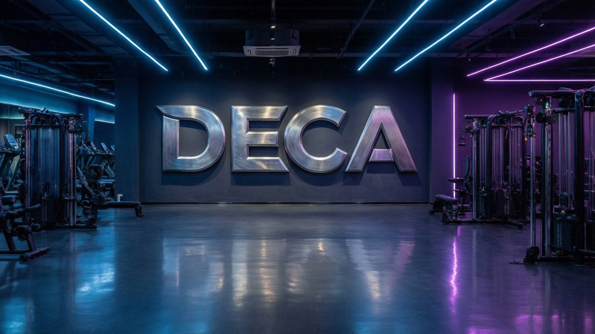 未來感健身房與發光DECA標誌 壁紙 — 一個現代健身室，藍色和紫色的霓虹燈光在拋光地板上反射，下方有一個大型金屬DECA標誌。