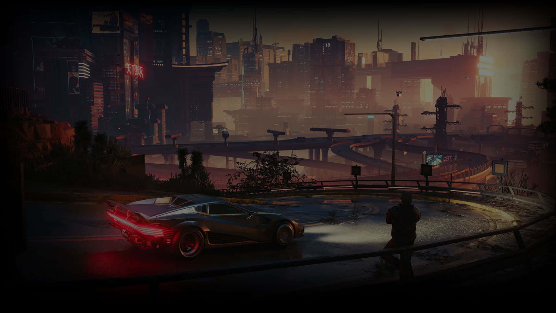 未來感動漫汽車夜景 壁紙 — 一架流線型未來感跑車在濕滑高速公路上閃爍著紅色尾燈，俯瞰黃昏時分霓虹燈閃爍的賽博龐克城市景觀。