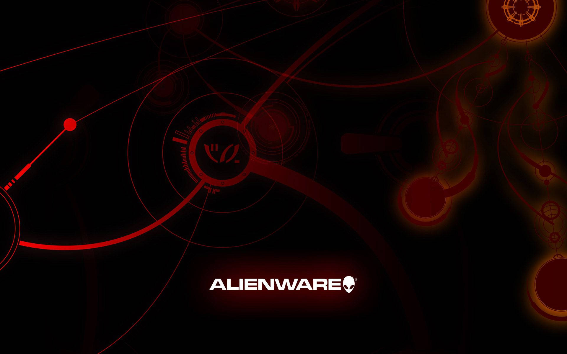 黑色背景上帶有發光紅色電路圖案的Alienware標誌。