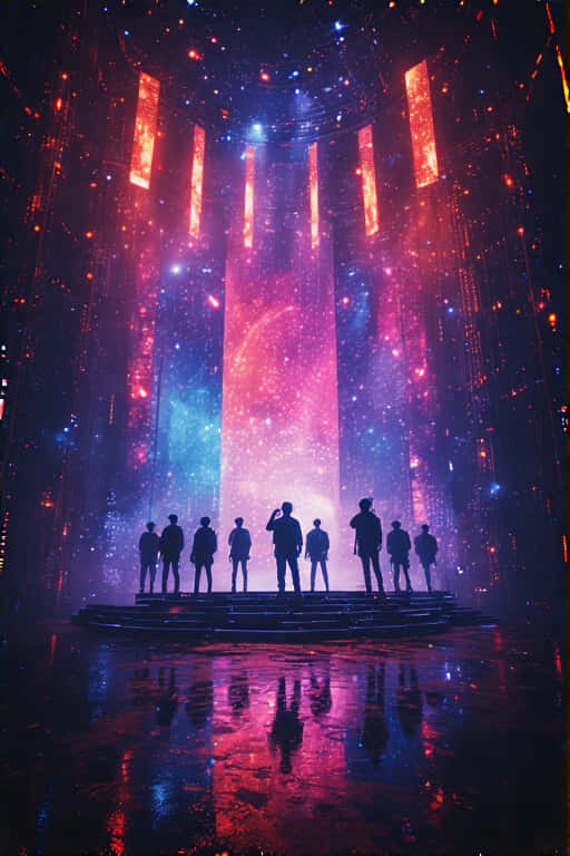 一群人在濕漉漉的舞台上，在鮮豔的霓虹燈光和宇宙星雲下呈現剪影。
