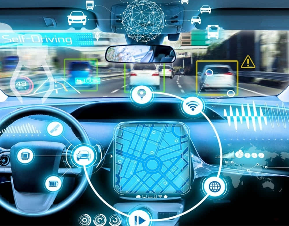 Car Technology 桌布 壁紙 — 未來感十足的自動駕駛汽車內部，配備發光藍色全息界面，顯示導航、交通和感測器數據。