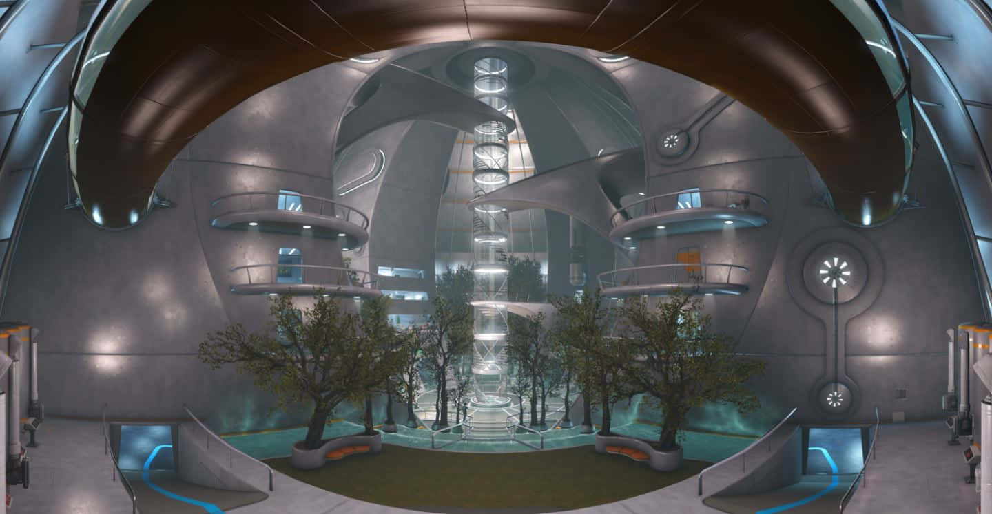 Fallout 4 Institute 桌布 壁紙 — 未來感圓頂內部，金屬建築，發光藍色點綴，中央中庭有樹木。