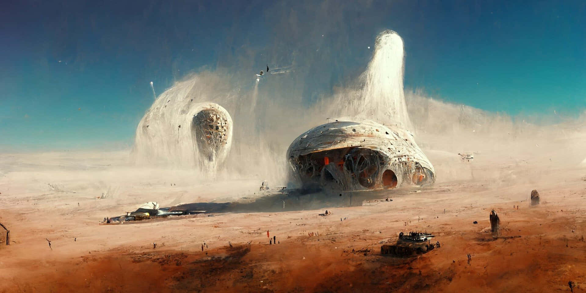 Midjourney 桌布 壁紙 — 未來感圓頂棲息地從塵土飛揚的外星沙漠中浮現，天空清澈湛藍，有飛行車輛穿梭。