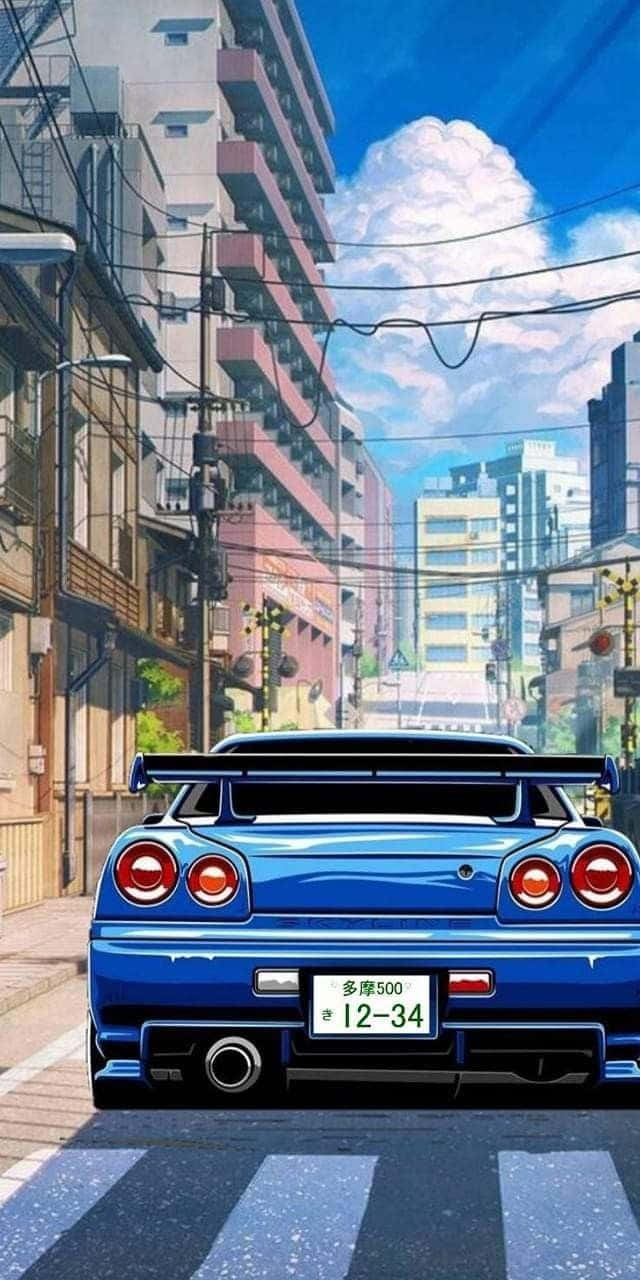 藍色跑車在城巿街道上，有建築物和日落天空