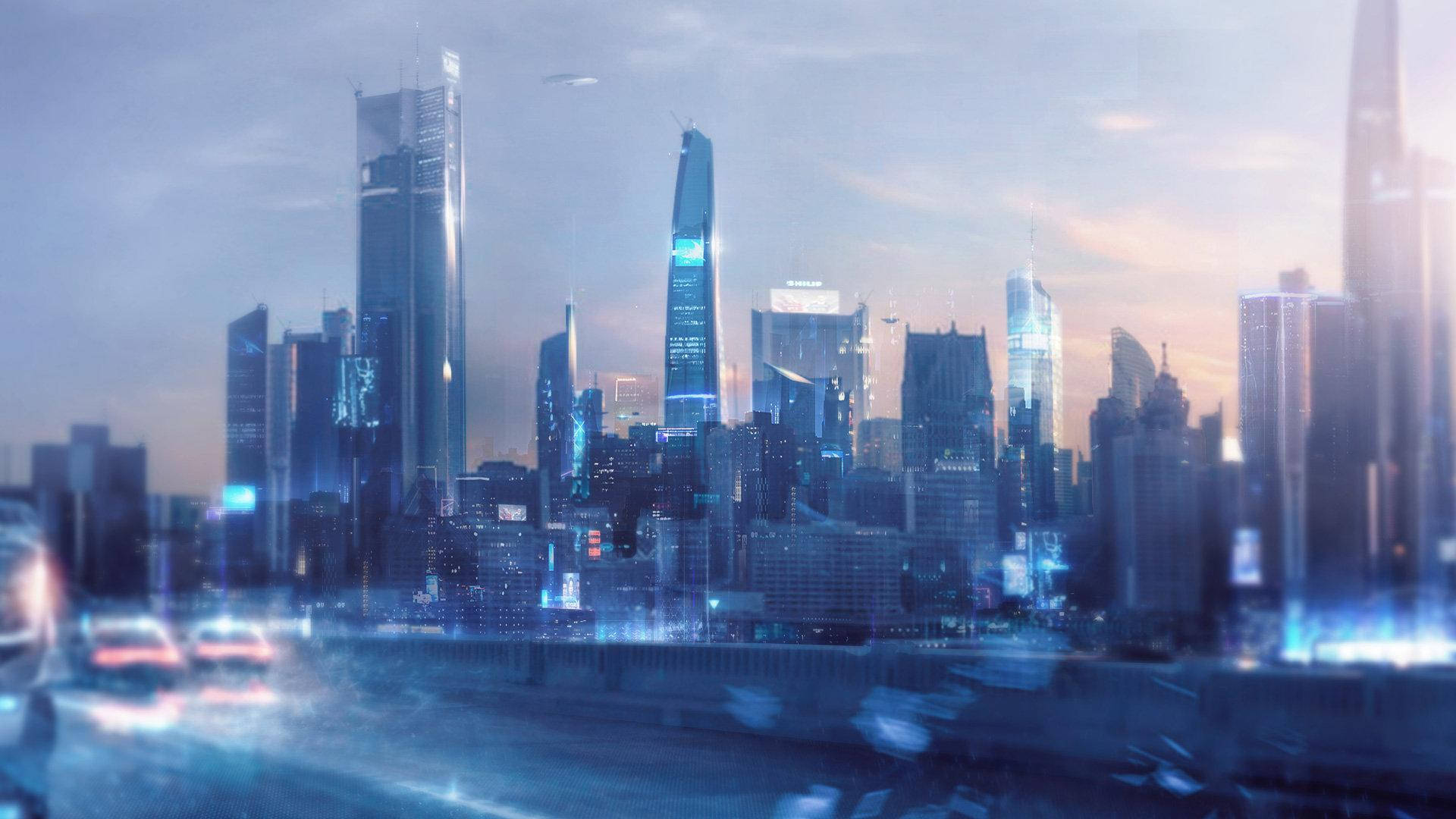 未來感底特律《Detroit Become Human》遊戲截圖 壁紙 — 未來城市天際線在黃昏時分，閃爍的摩天大樓和濕滑道路上車輛的模糊運動。