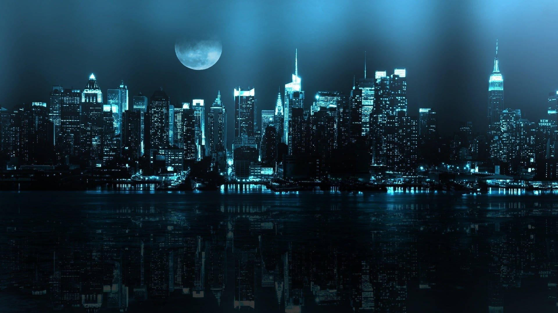 未來感暗城 壁紙 — 未來主義城市夜景，滿月下閃爍的摩天大樓倒映在水中。