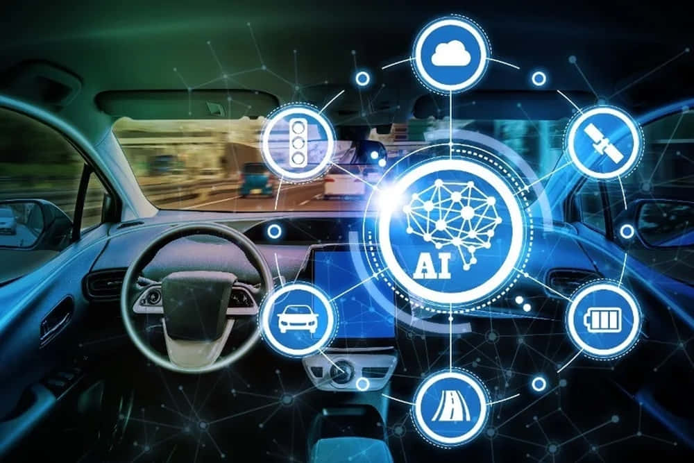 Car Technology 桌布 壁紙 — 未來感汽車內部，發光藍色AI界面圖標漂浮在儀表板上方，展示連接技術。