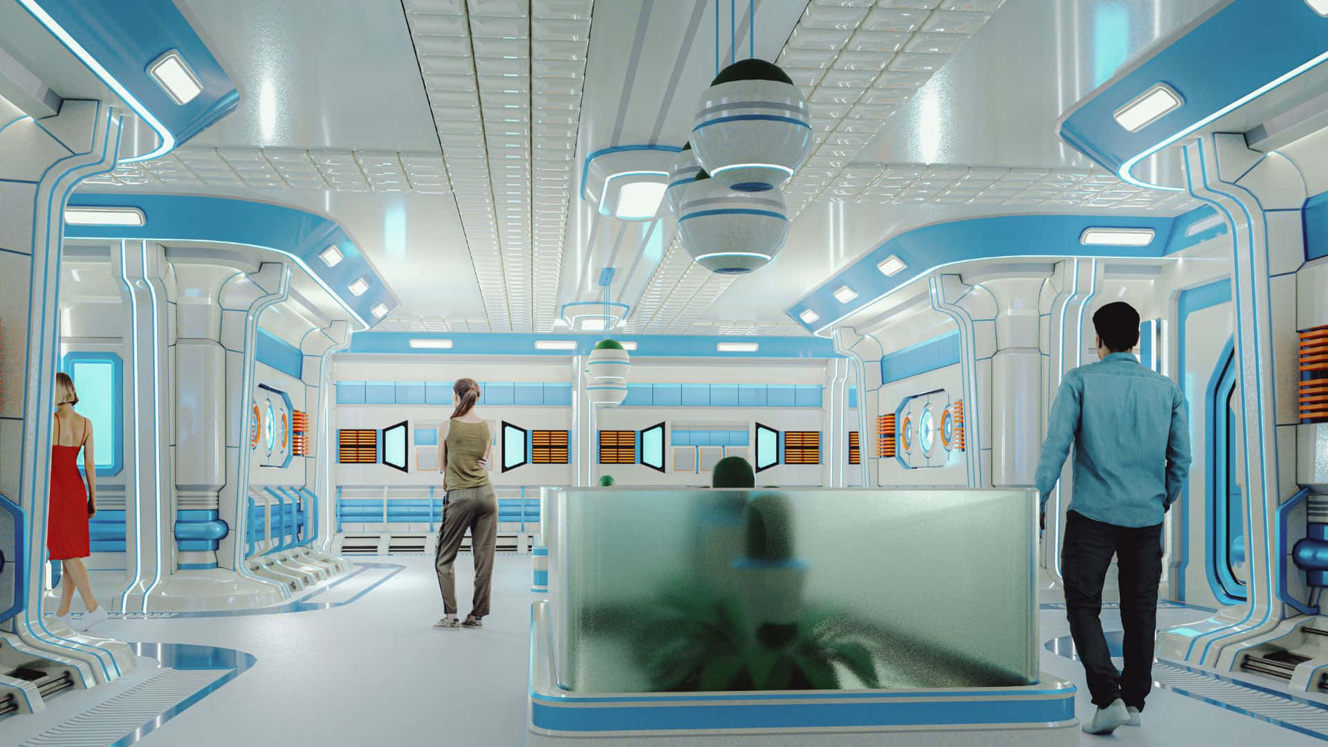 Spaceship Interior 桌布 壁紙 — 未來感白色和藍色太空船內部，帶有發光管道，人們走過中央玻璃艙。