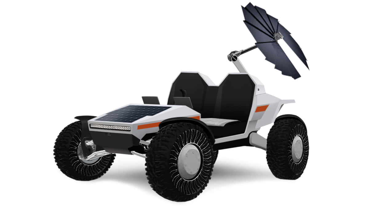 Lunar Rover 桌布 壁紙 — 未來感白色太陽能越野車，配備黑色輪胎和可展開的太陽能傘，背景為純白色。