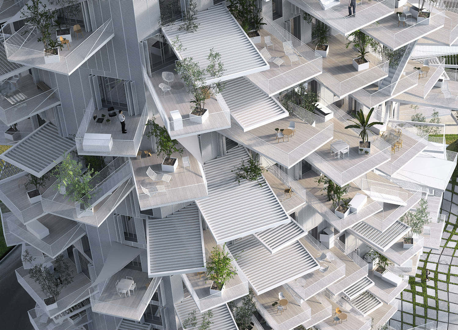 Beautiful Architecture 桌布 壁紙 — 未來感白色階梯式建築的鳥瞰圖，每層都有茂密綠植和戶外家具。
