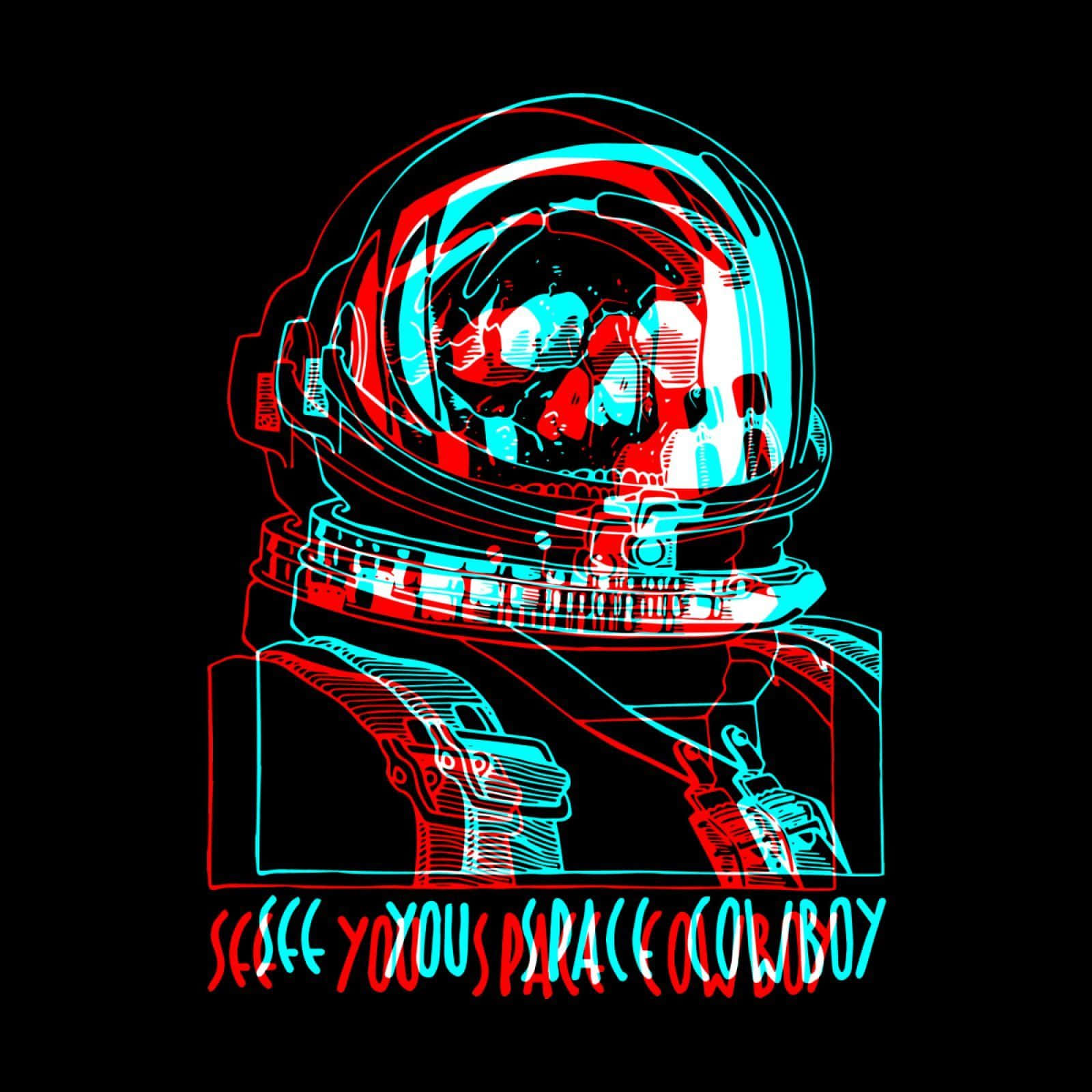 紅色和青色霓虹太空人頭盔圖形，帶有「see you space cowboy」文字。