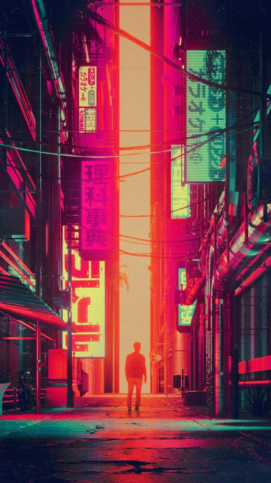 一個人在夜晚穿過霓虹燈照亮的未來城市小巷的剪影。