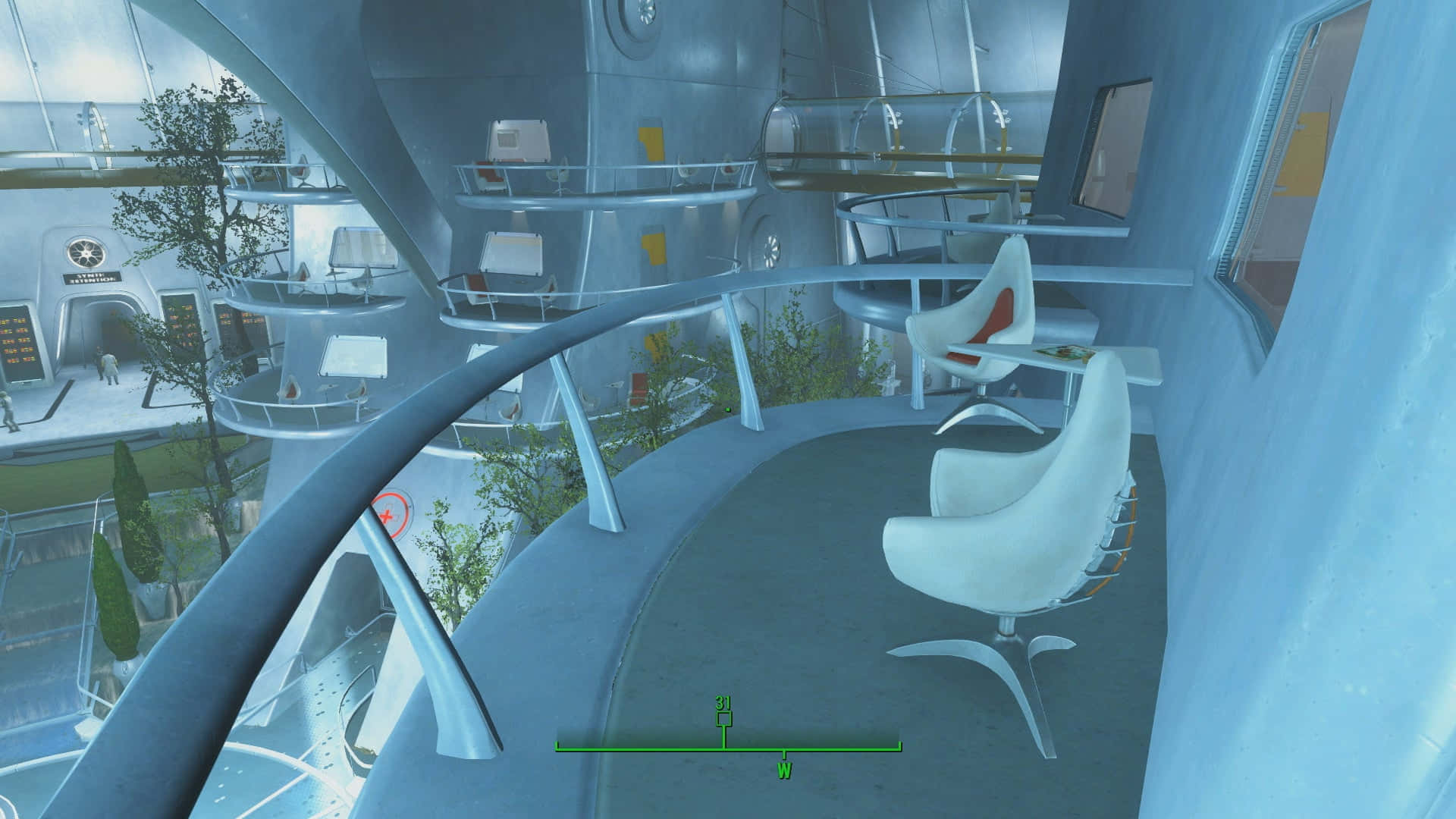 Fallout 4 Institute 桌布 壁紙 — 未來感藍色太空船內部，配有白色座椅和玻璃欄杆，俯瞰科幻景觀。