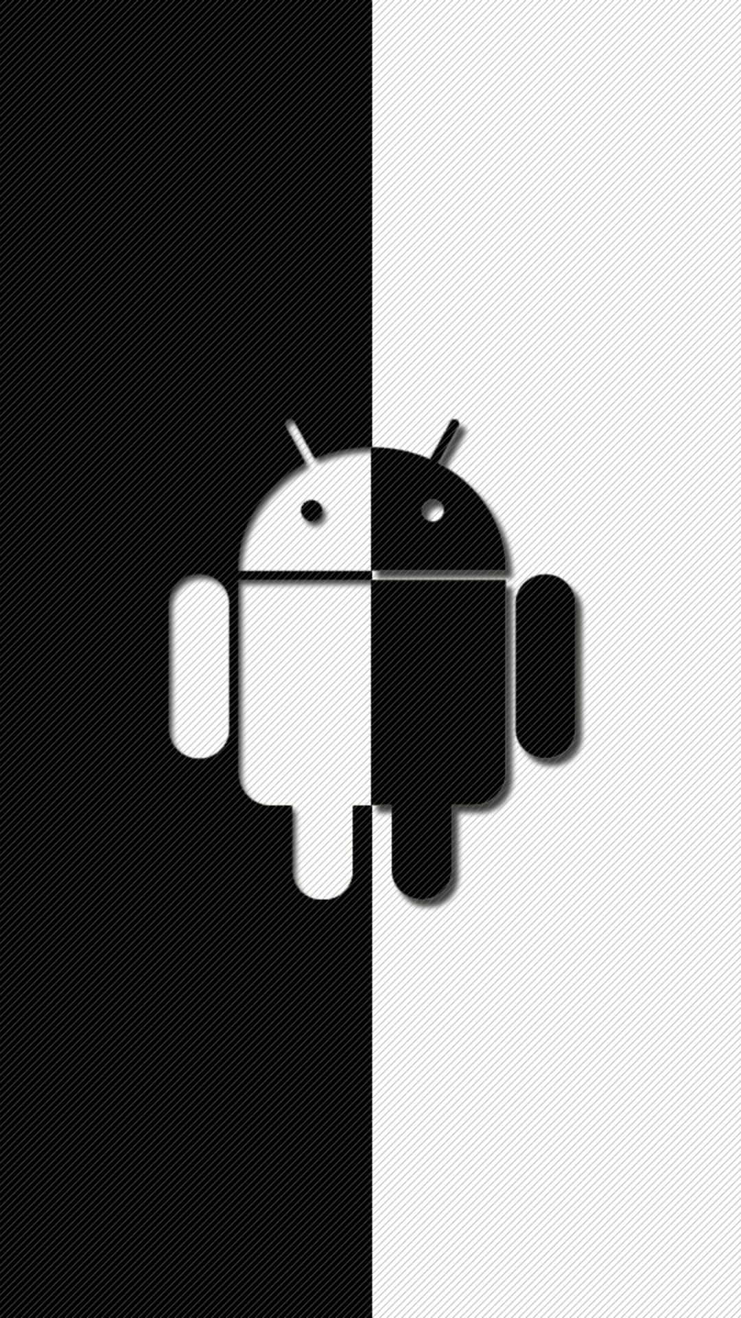 Android 機械人圖示從中間分割，黑白各半。