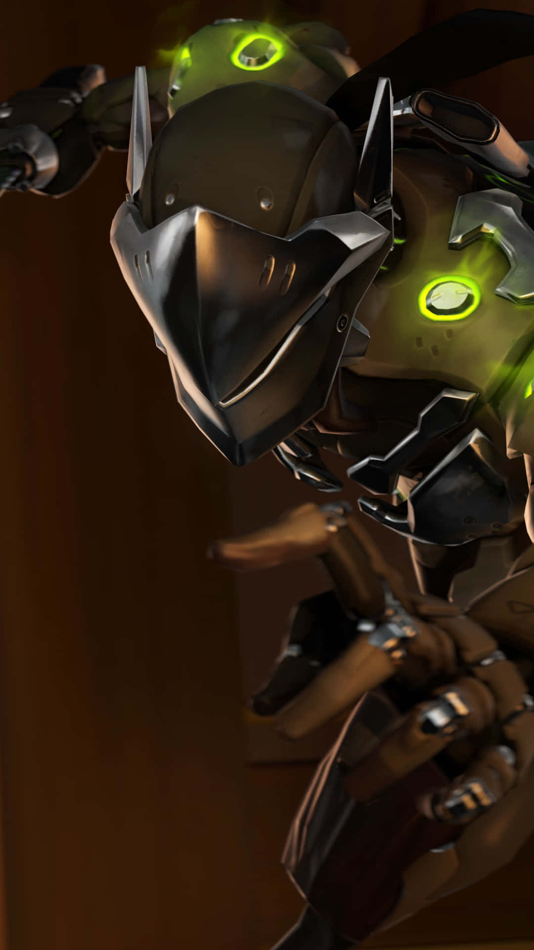 Overwatch Genji 桌布 壁紙 — 未來感裝甲機械人的特寫，頭盔和胸部有發光的綠色圓形燈光。