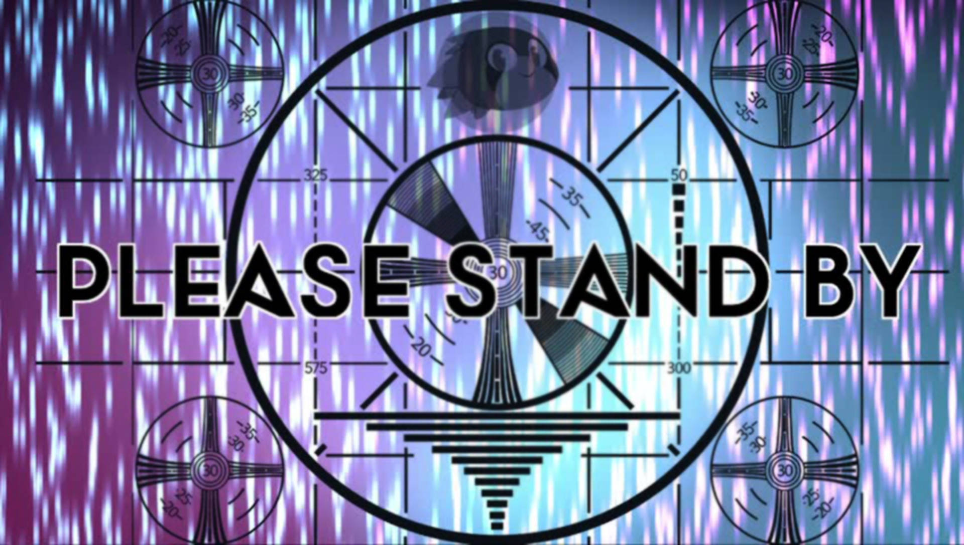 一個帶有微笑魚和「PLEASE STAND BY」文字的復古數碼屏幕。