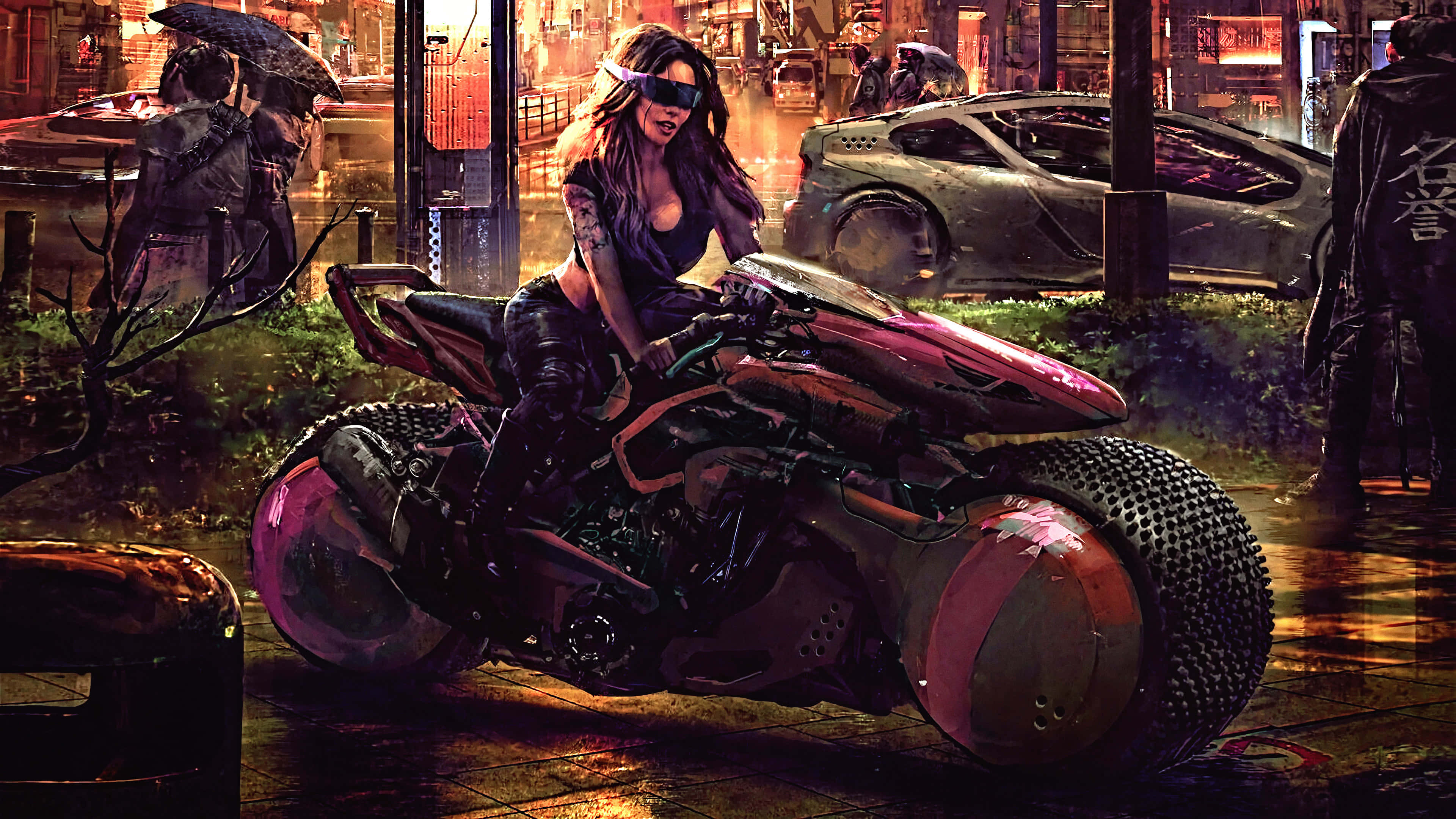 未來感超級機車手圖片 壁紙 — 一位賽博龐克女性在夜晚騎著未來風格的電單車，穿過霓虹燈閃爍的雨街。