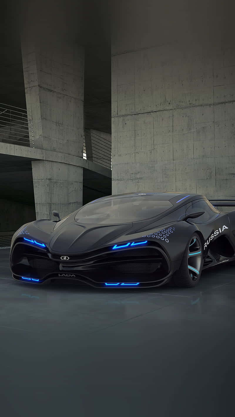 黑色未來感Lada概念車，在混凝土車庫中帶有藍色燈光。