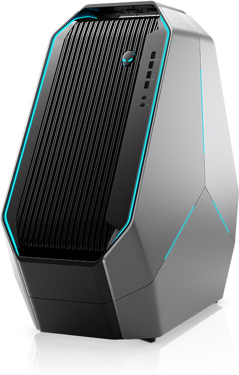 未來感遊戲電腦主機 壁紙 — 時尚的銀黑色Alienware遊戲PC主機，帶有發光藍色點綴和反光表面。