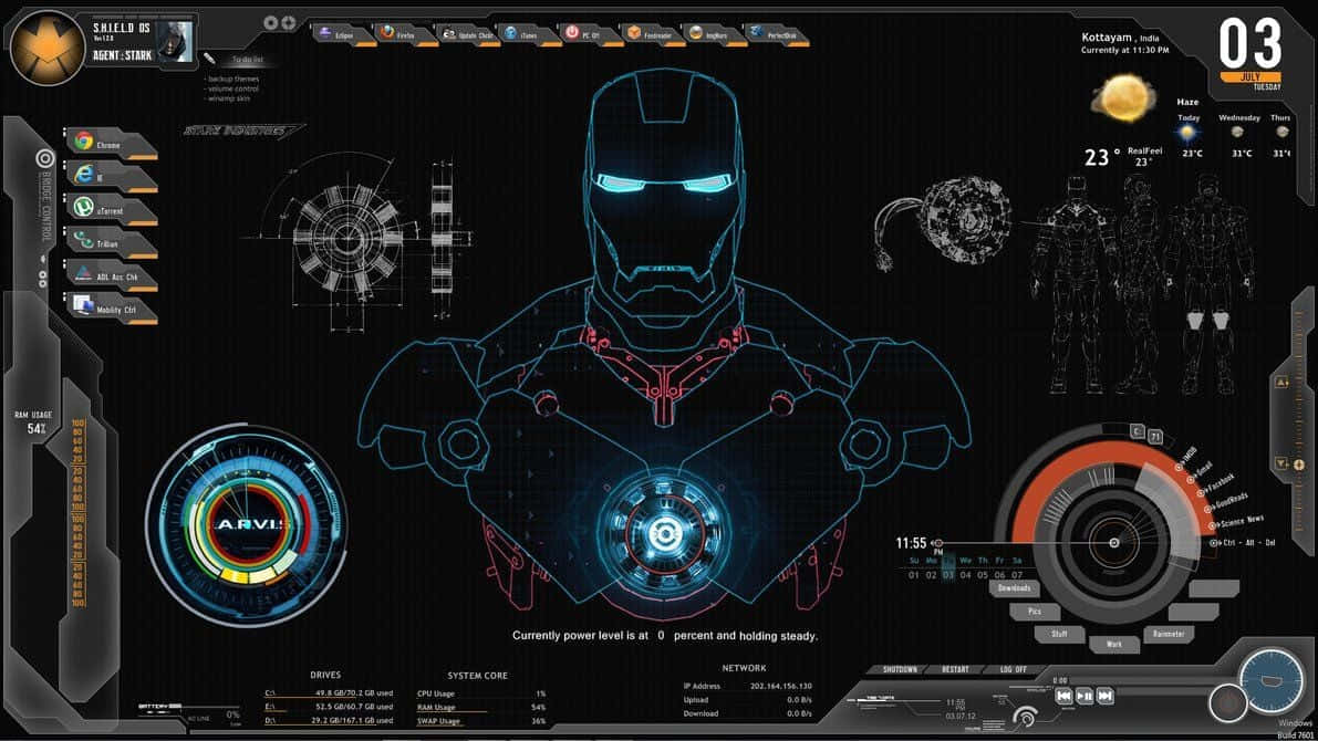 Iron Man裝甲藍圖顯示在一個帶有發光藍色電路的未來風格數位介面上。 — 鋼鐵人 壁紙