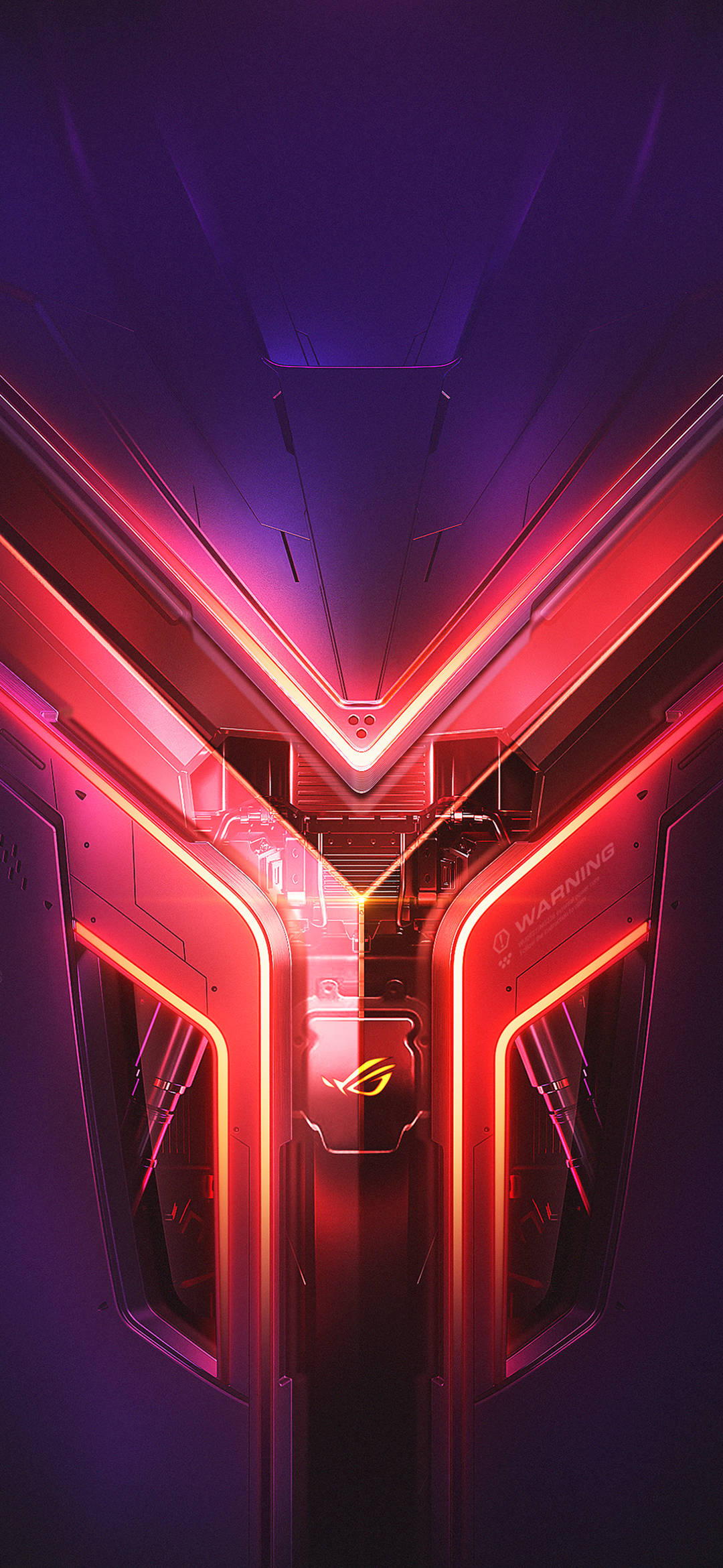 ASUS ROG 桌布 壁紙 — 未來感電競筆電內部，帶有發光的紅色和紫色霓虹燈及ROG標誌。