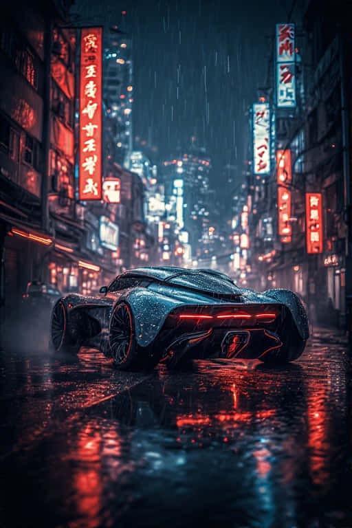 未來感霓虹夢幻賽車在東京雨夜中駛過 壁紙 — 一輛時尚的未來主義跑車在夜晚滑過一條被雨水浸透、霓虹燈閃爍的賽博龐克城市街道。