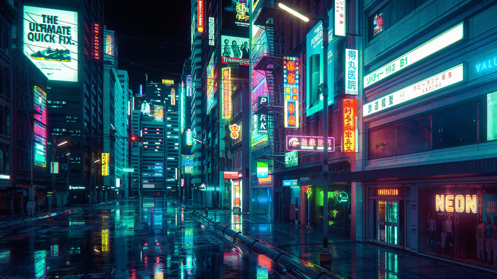 霓虹招牌在未來日本城市的潮濕街道上閃耀於夜晚。