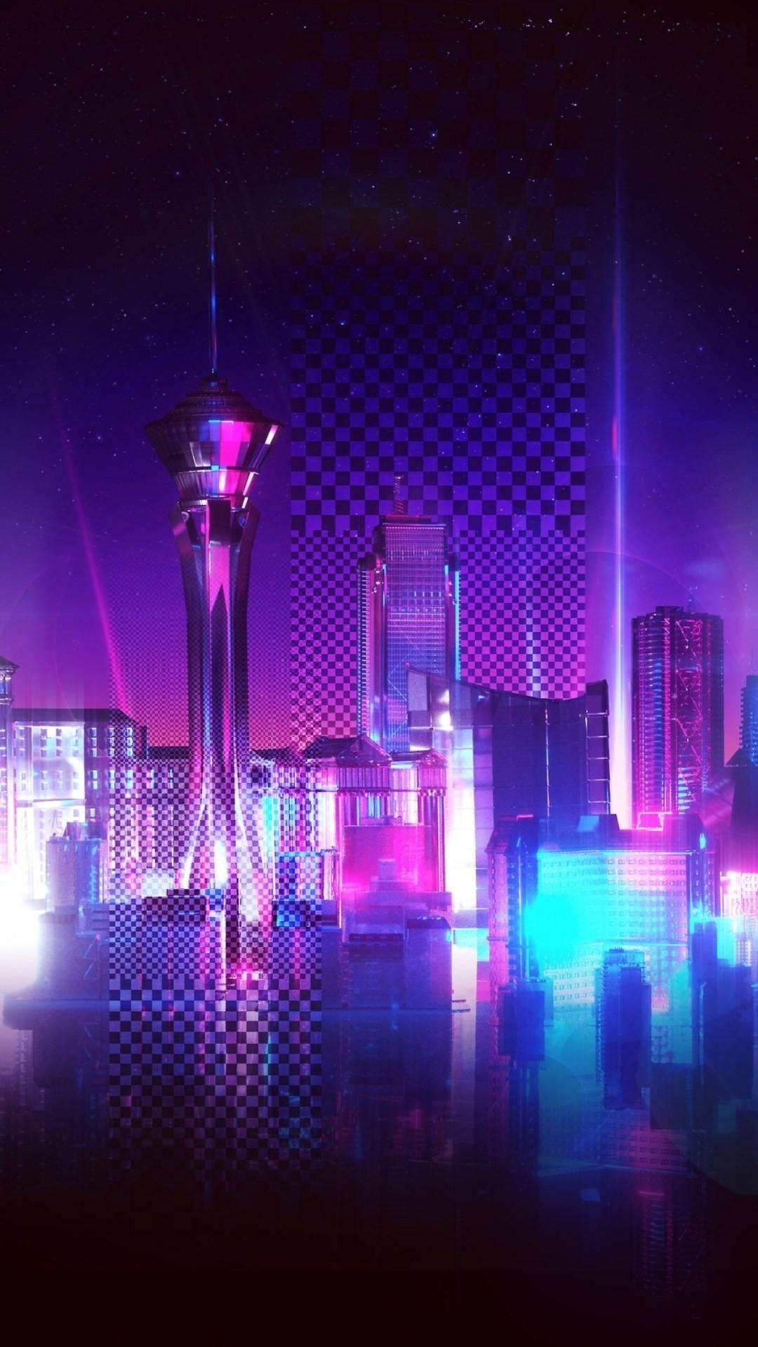 未來感黑紫風格 壁紙 — 夜晚霓虹燈閃爍的未來城市景觀，發光的摩天大樓和格子圖案的天空。