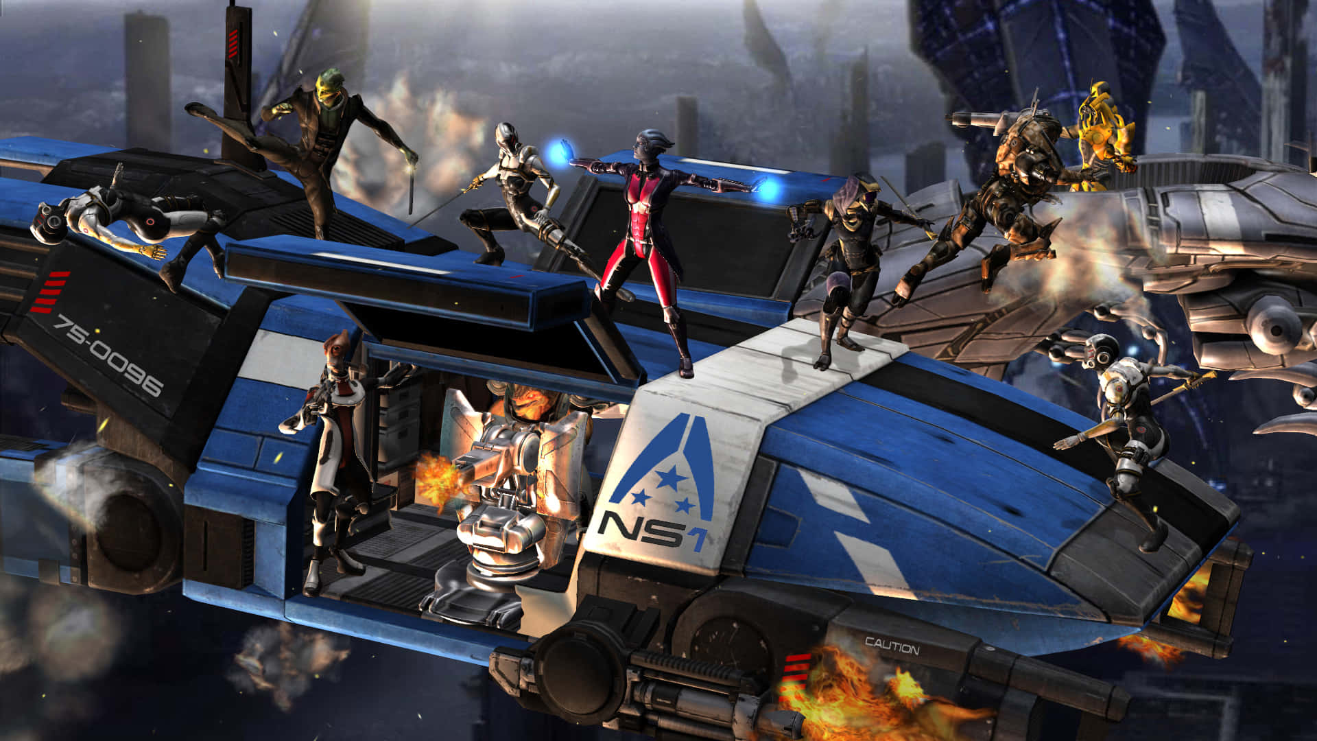 Mass Effect 2 桌布 壁紙 — 未來戰士在夜晚煙霧瀰漫的城市峽谷中，在藍白相間的太空船上戰鬥。