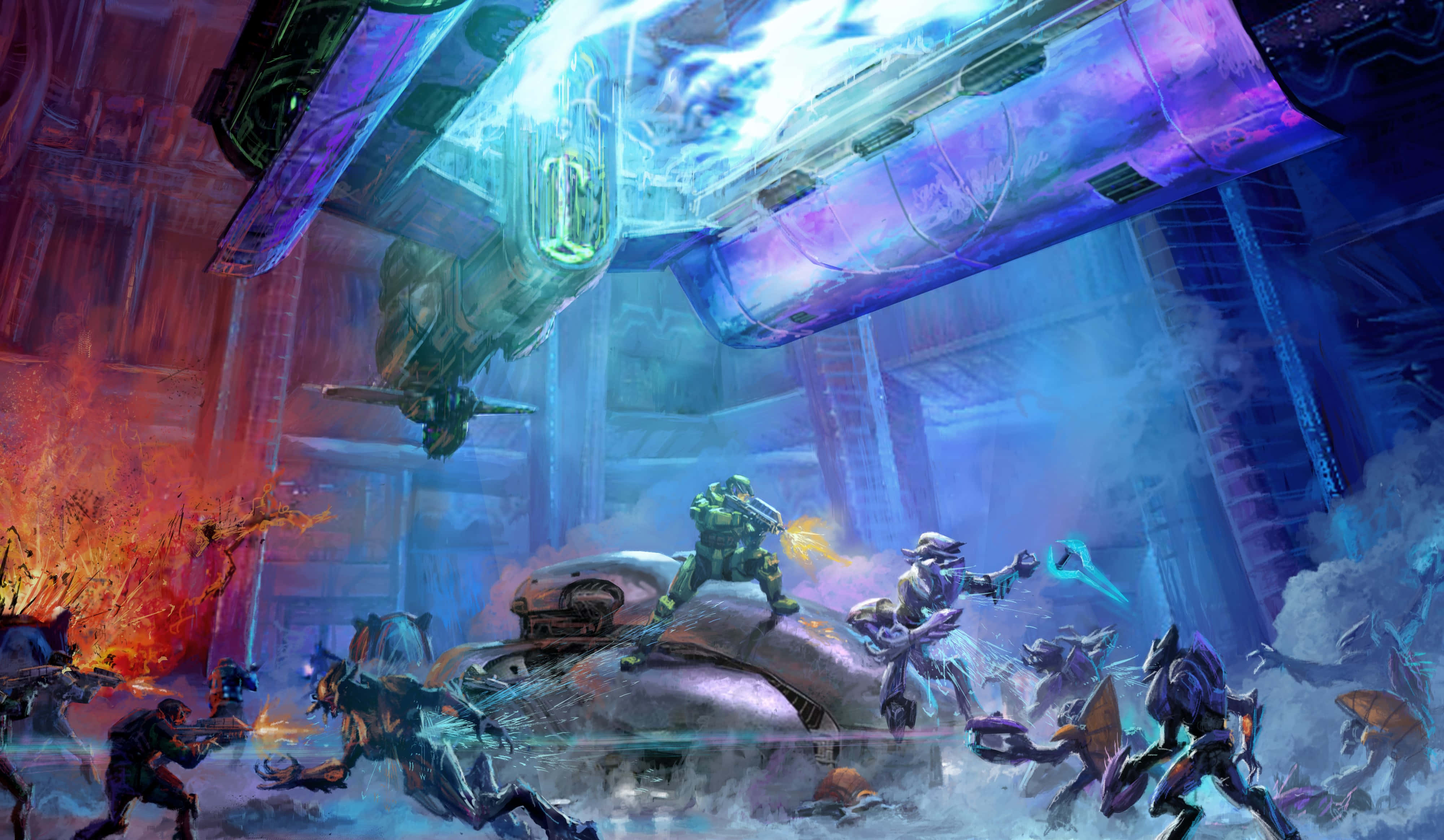 Sangheili 桌布 壁紙 — 未來戰士在發光的紫色和橙色能量中，於有漂浮車輛的科幻廢墟中戰鬥。