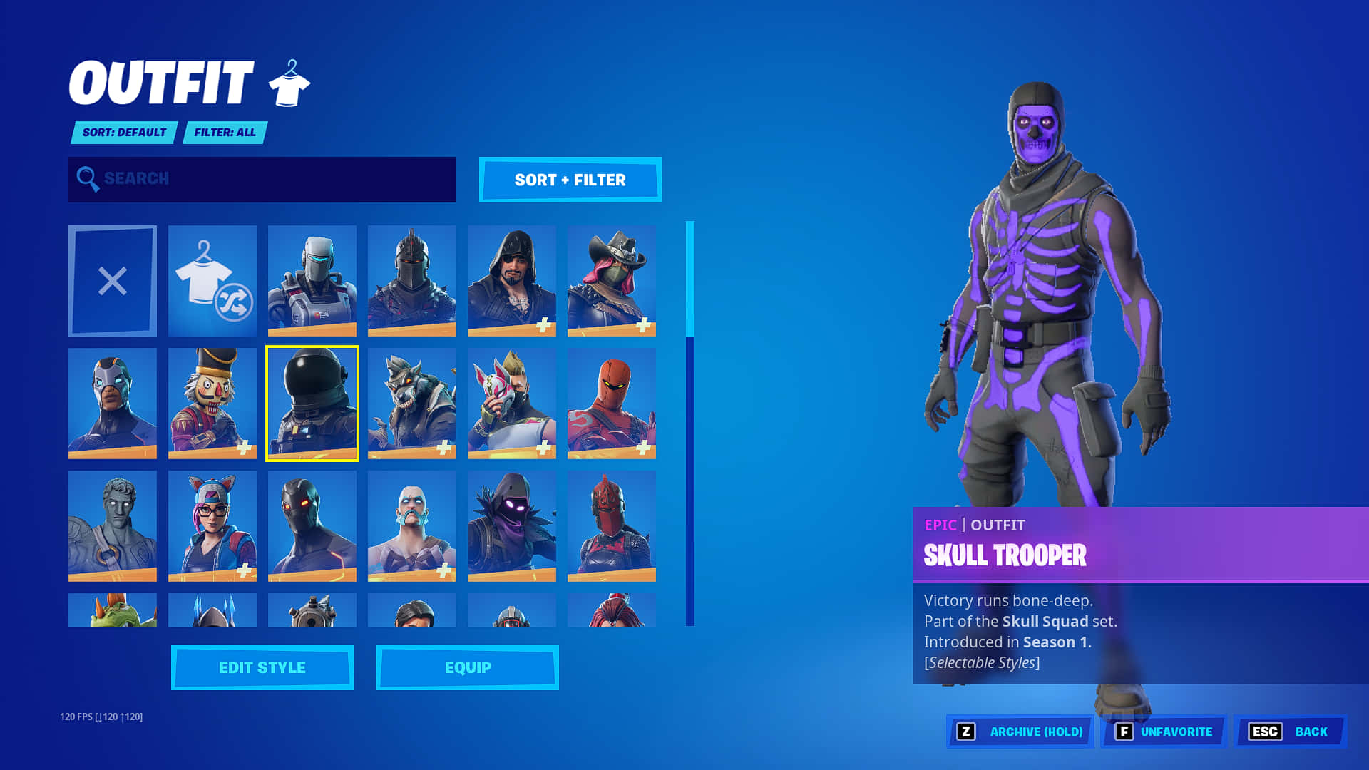Fortnite遊戲介面顯示Skull Trooper服裝選擇畫面。