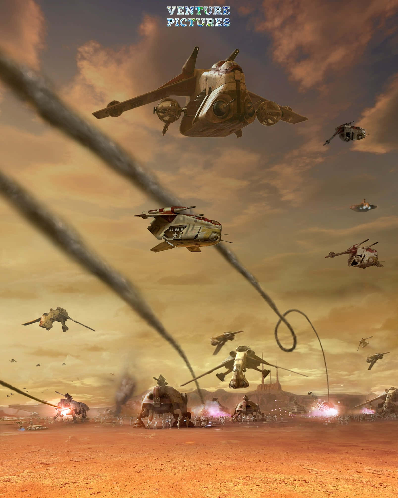 The Battle Of Geonosis 桌布 壁紙 — 未來戰艦和地面車輛在塵土飛揚的外星沙漠中，在火紅的橙色天空下戰鬥。