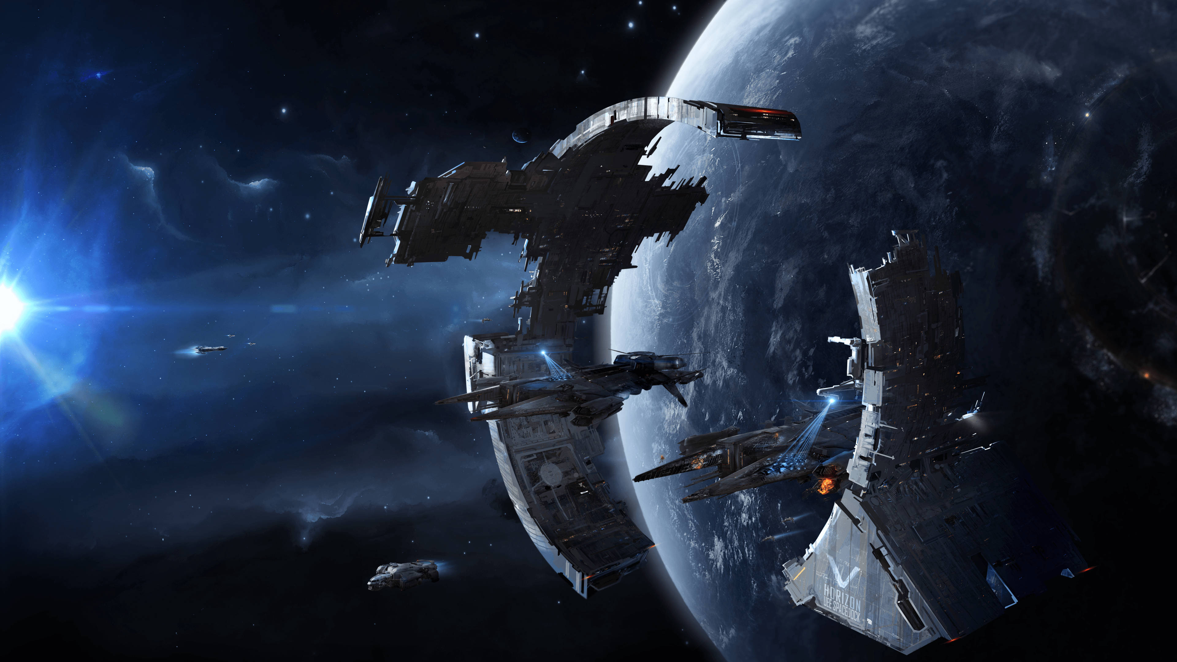 Star Citizen Space Dock 壁紙 — 未來戰艦在深空中，於星爆天空下，在巨大行星附近戰鬥。